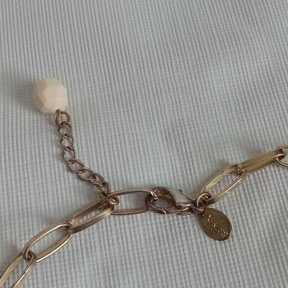 Express Gold Toned & White Alternating Beaded Tassel Pendant Statement Necklace - Picture 10 of 12